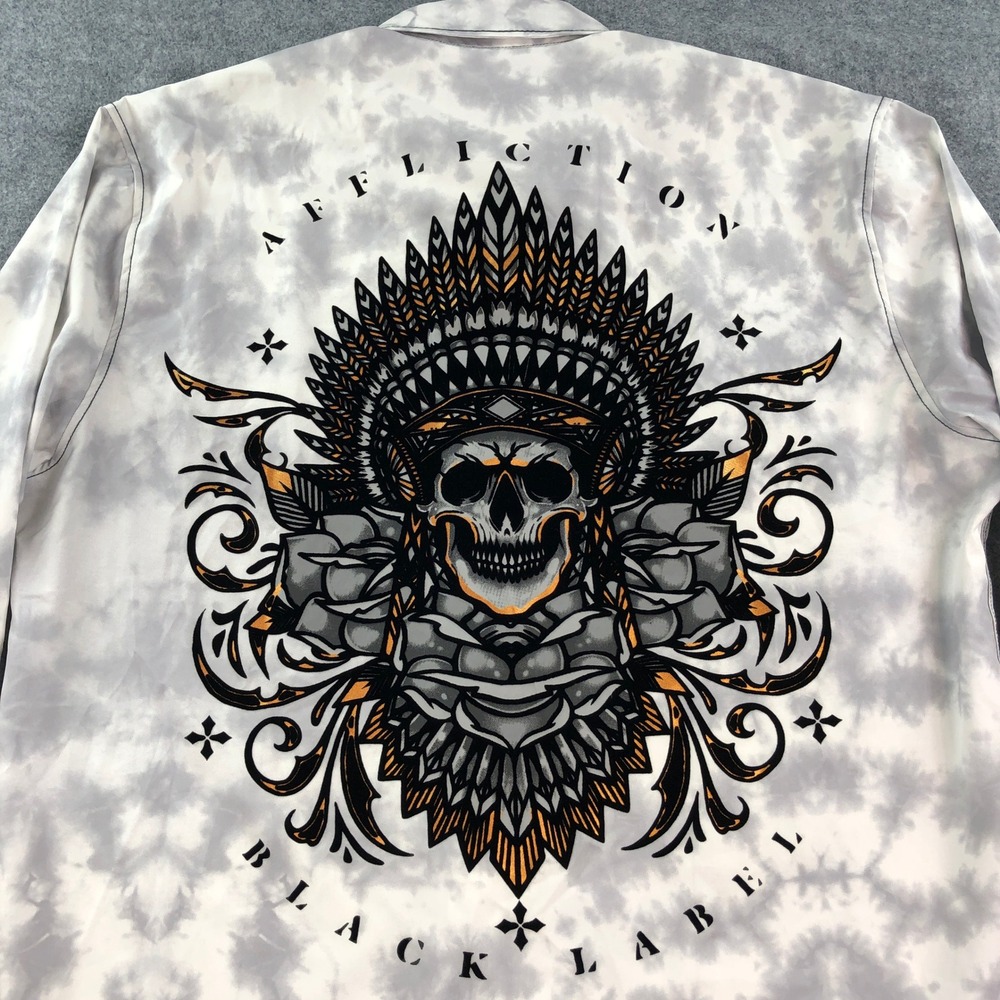 Affliction Black Label Shirt Men 2XL Primitive Stretch Skull Headdress Button Up
